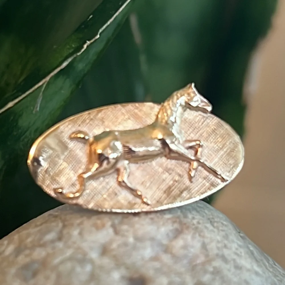 14k gold ring with horse and crosshatch background - Picture 13 of 17